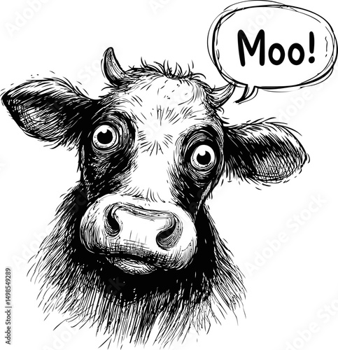 Black and white cow drawing with moo speech bubble, quirky animal illustration. Vector illustration