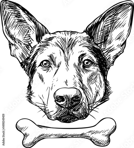 German shepherd sketch with bone outline, detailed monochrome drawing. Vector illustration