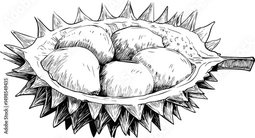 Illustration of a durian fruit with a spiky shell opened to reveal its flesh. Vector illustration