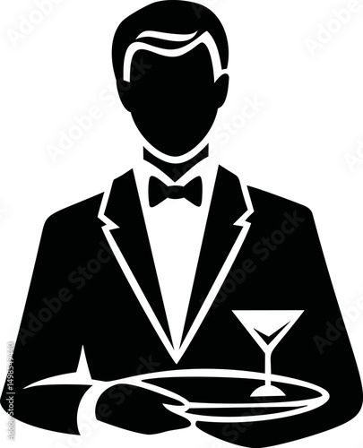 Waiter in tuxedo holding martini glass icon in black and white. Vector illustration