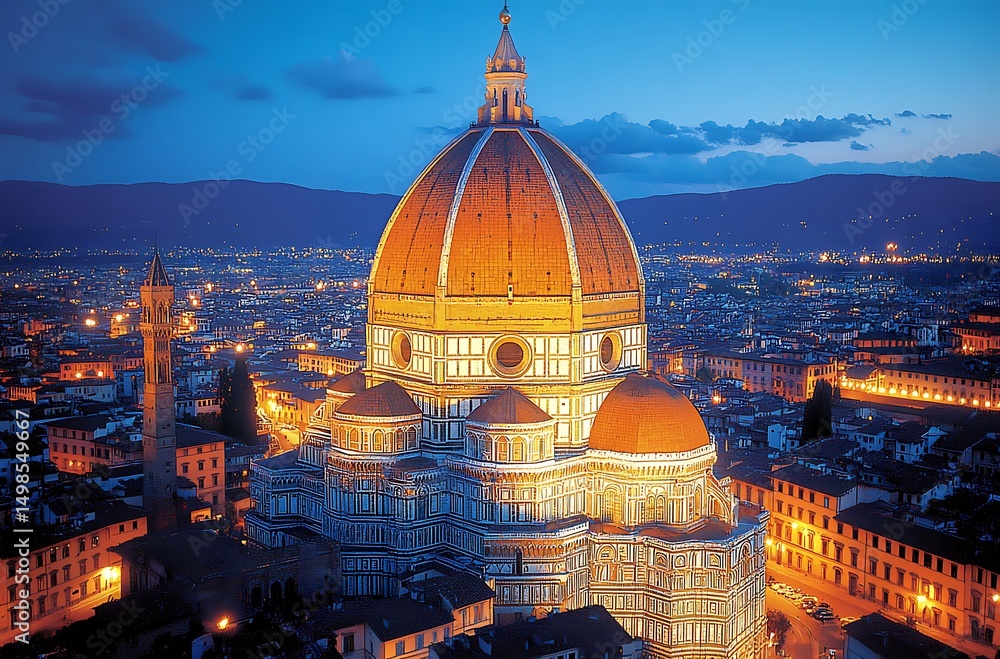 Fototapeta premium Illuminated duomo and florence cityscape at dusk capturing beautiful italian architecture and scenery.
