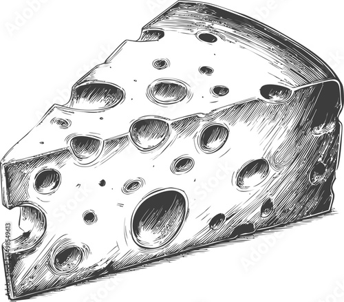 Black and white sketch of a wedge of Swiss cheese with holes, detailed illustration. Vector illustration