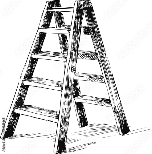 Wooden stepladder in black and white illustration, classic tool sketch. Vector illustration