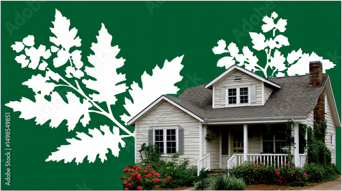 Exterior of a charming house surrounded by leafy plants in a vibrant green backdrop during daytime