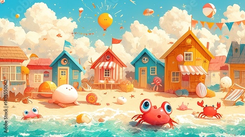 Summer Beach Children's Book Cover: Melting Ice Cream, Juicy Watermelon, Colorful Shells & Pastel Huts, Hand-Drawn Watercolor Style, 8K Ultra HD