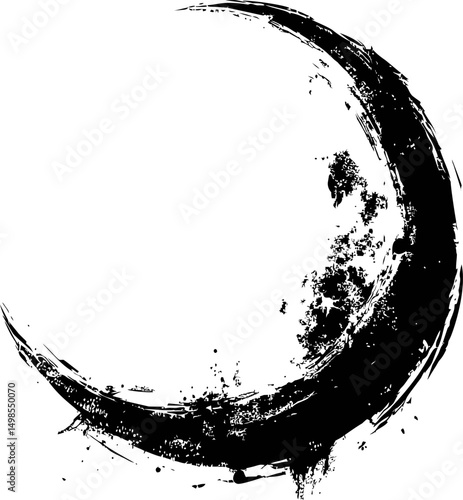 Artistic black ink brush stroke forming a crescent shape. Vector illustration
