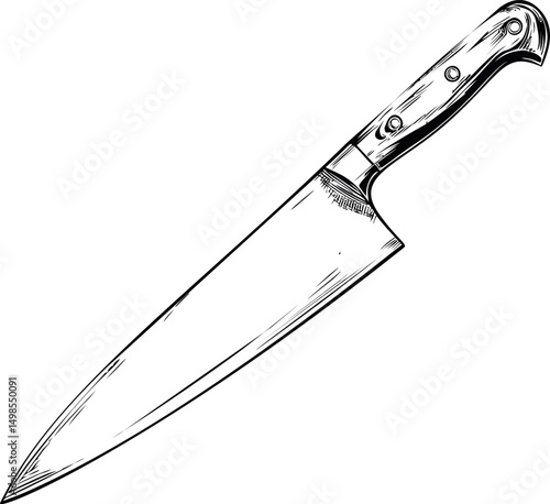 Black and white illustration of a chef's knife with detailed handle sketch. Vector illustration