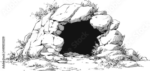 Cave entrance surrounded by rocky landscape in black and white illustration. Vector illustration