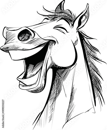 Line drawing of a laughing horse with open mouth and expressive eyes. Vector illustration