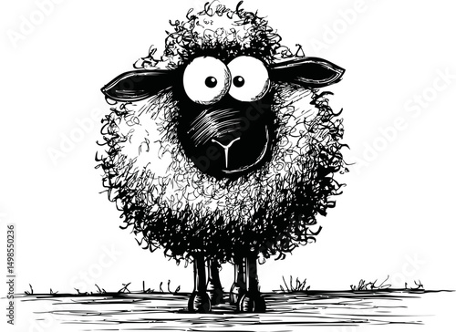 Cartoon sheep with large eyes in black and white sketch style illustration. Vector illustration