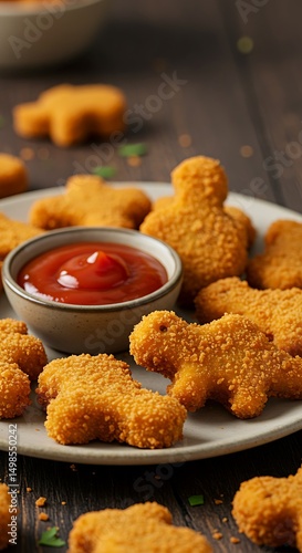 Dinosaur-shaped chicken nuggets with ketchup 'lava' dip. Crunchy golden bites, playful plating for picky eaters