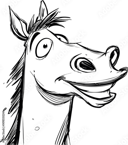Humorous cartoon horse sketch with an exaggerated expression, 2d line art drawing. Vector illustration