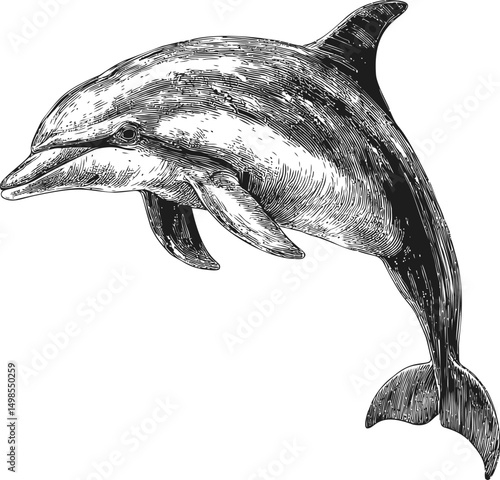 Detailed black and white illustration of a dolphin, etching style. Vector illustration