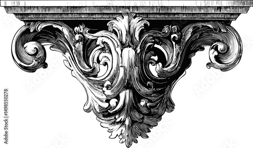 Intricate black and white ornate corbel design with baroque elements. Vector illustration