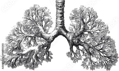Intricate black and white illustration of human lungs with detailed branches. Vector illustration