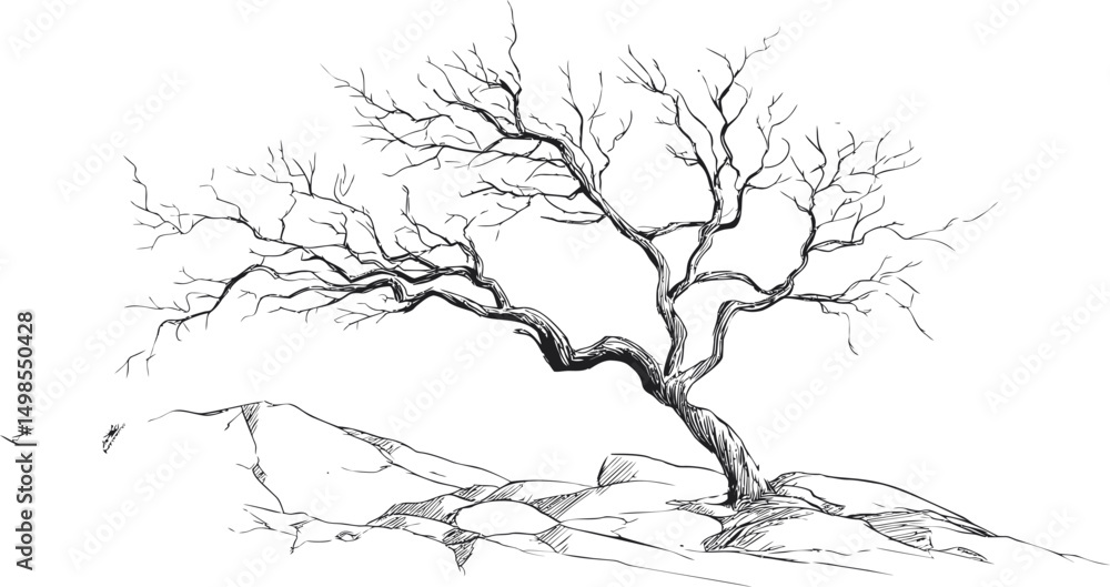 Fototapeta premium Lonely twisted tree sketch on rocky landscape in black and white, nature illustration. Vector illustration