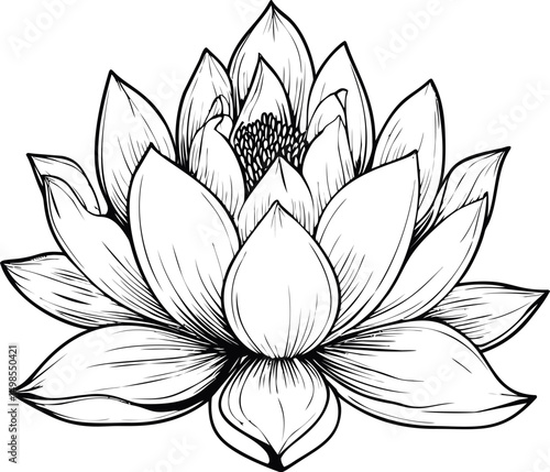 Detailed line art of a blooming lotus flower in black and white illustration. Vector illustration
