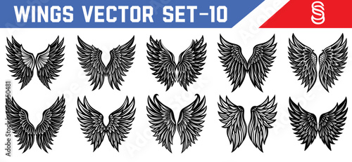 Dark Angel Wing Vector Art Set – Stylish Black Feather Designs Ideal for Gothic Tattoo Artists, Mythical Illustrations, and Fantasy Posters.