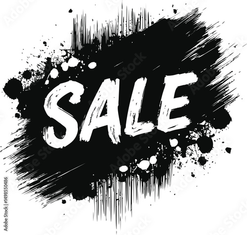 Black and white sale sign with grunge splatter effect, artistic advertisement design. Vector illustration