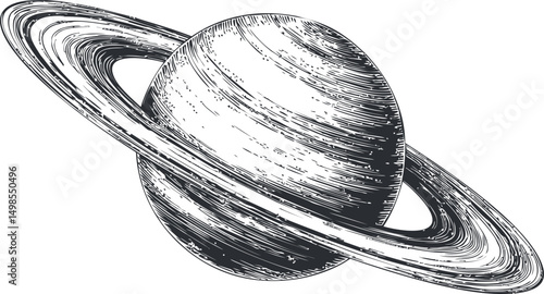 Engraved illustration of planet saturn with rings in black and white. Vector illustration