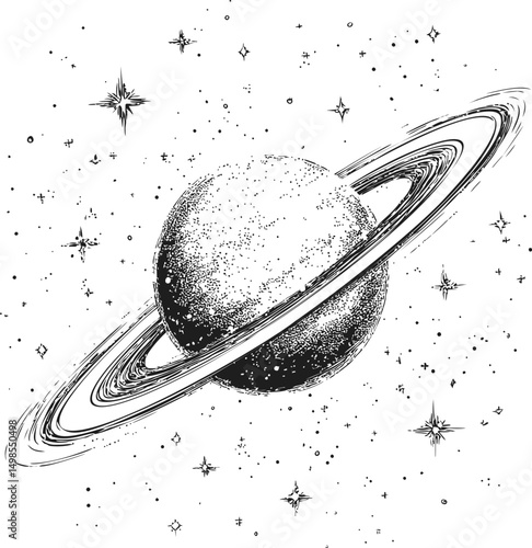 Hand-drawn illustration of Saturn with rings surrounded by stars, cosmic art. Vector illustration