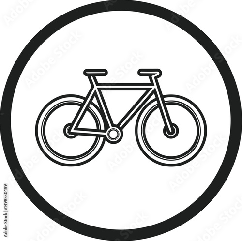 Black and white bicycle icon within circular border, simple design. Vector illustration