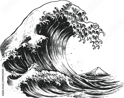 Traditional Japanese wave illustration with Mount Fuji in the background. Vector illustration