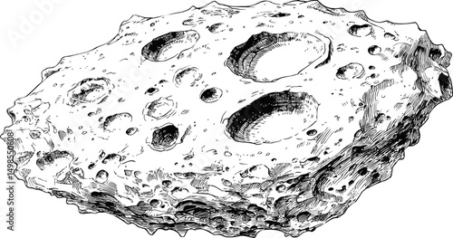 Detailed black and white illustration of an asteroid with craters in space. Vector illustration