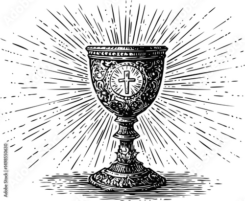 Elegant ornate chalice with cross motif and radiant lines in black and white illustration. Vector illustration