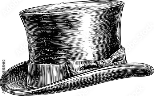 Vintage black and white illustration of a top hat with a ribbon band. Vector illustration