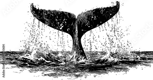 Illustration of a whale tail splashing water in the ocean, black and white sketch. Vector illustration