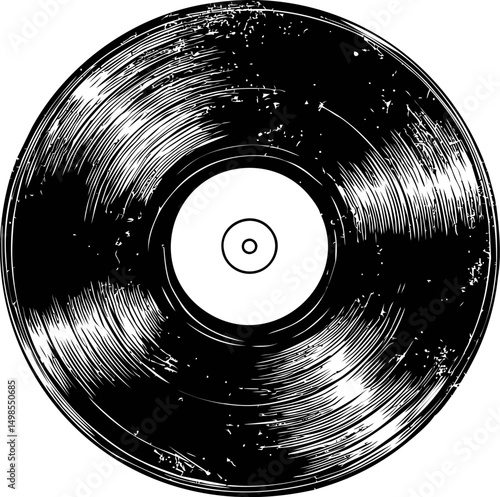 Black and white illustration of a scratched vintage vinyl record. Vector illustration