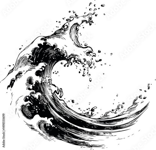 Black and white illustration of a dramatic ocean wave cresting. Vector illustration