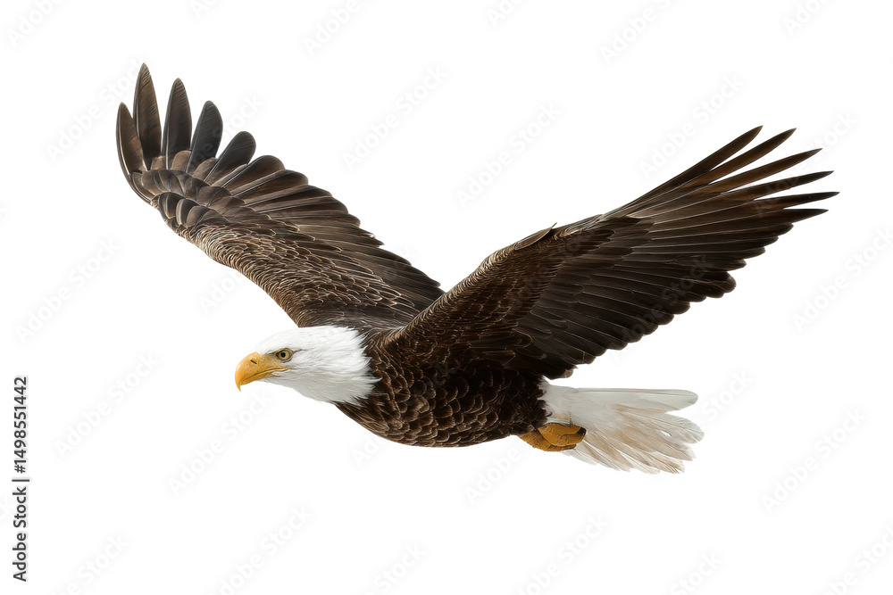 Naklejka premium Majestic bald eagle soaring with outstretched wings in flight, cut out