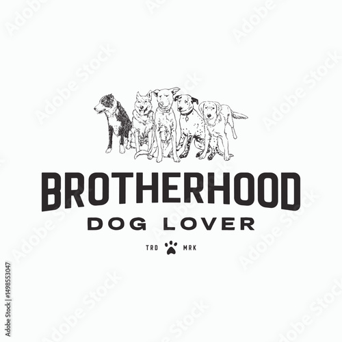 Group of six strong dogs with different breed. Hand drawing style round logo style with paw print as small complement