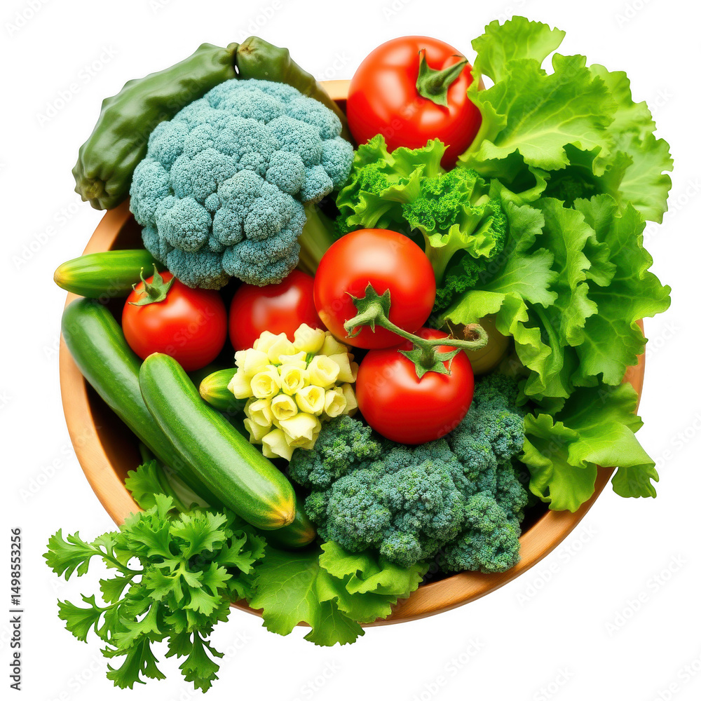 Fresh vegetables in wooden bowl isolated on transparent background Fresh vegetables in wooden bowl isolated on transparent background