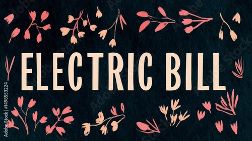 floral animation of the words 'ELECTRIC BILL' surrounded by illustrated pink flowers on dark fabric-textured background