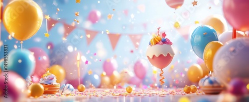 A vibrant party scene filled with colorful balloons, confetti, and festive decorations. The joyful atmosphere invites celebrations, making it perfect for birthdays and festive events.