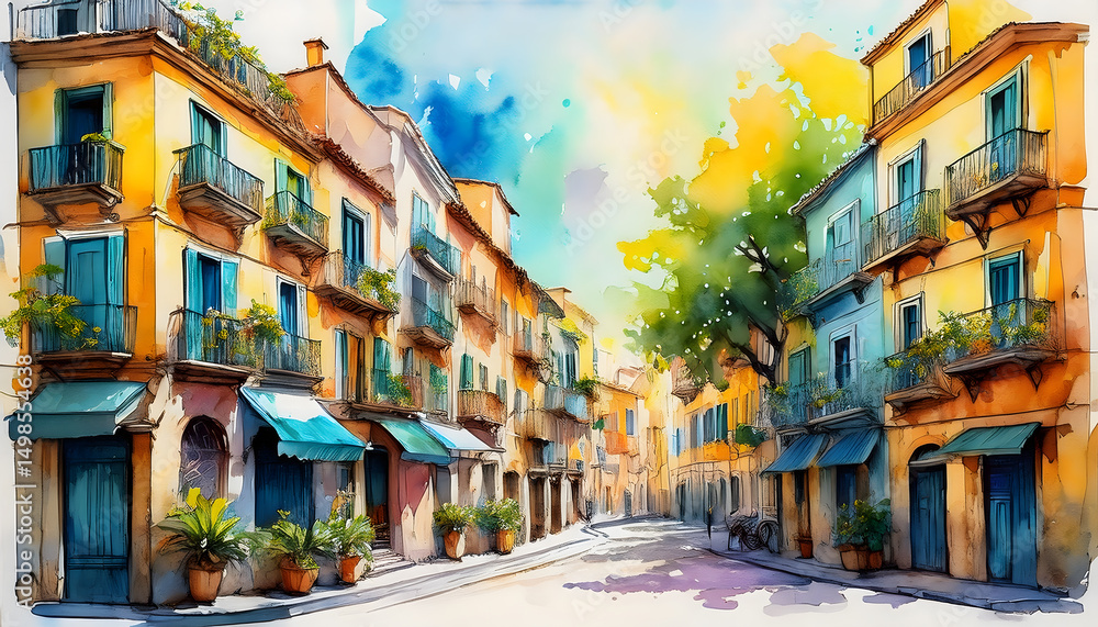 Naklejka premium A vibrant watercolor illustration shows a sun-drenched European street with colorful buildings, balconies, and awnings under a bright sky