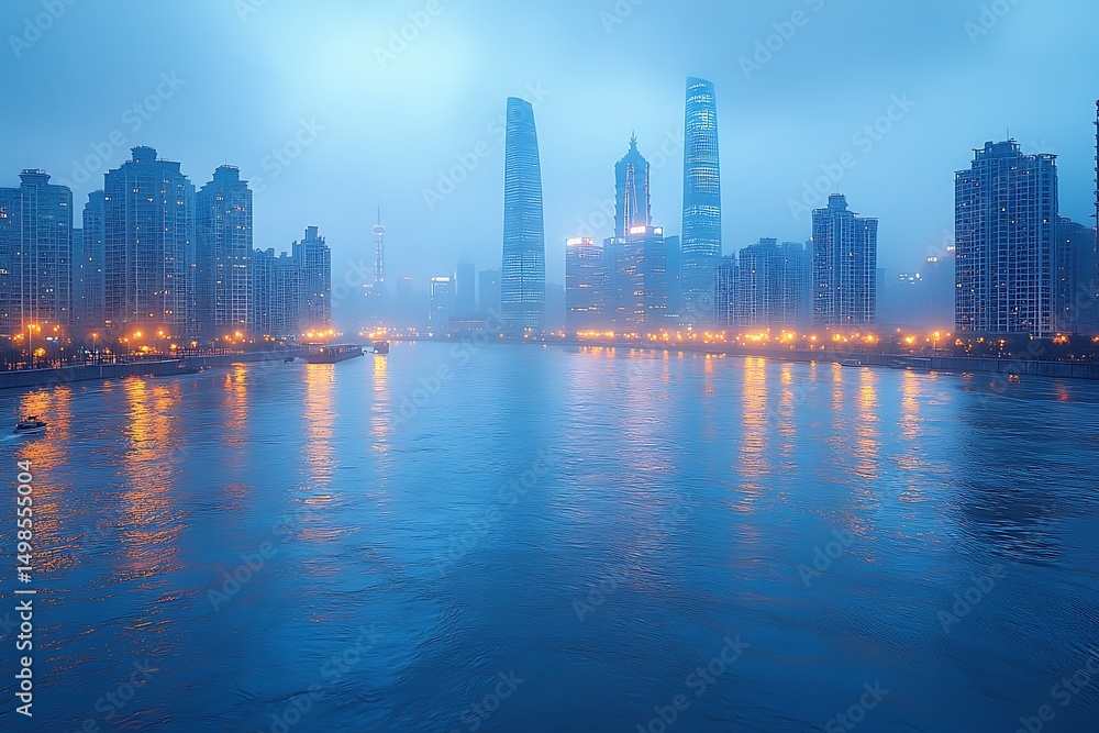 Fototapeta premium Misty shanghai skyline illuminated at dusk reflecting on the calm waters of the river