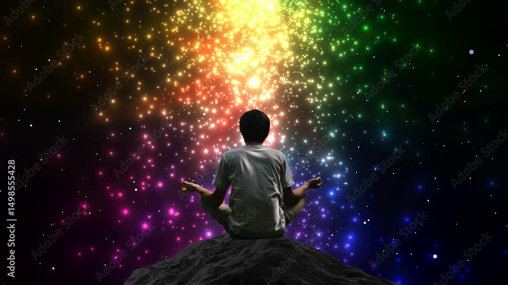 Silhouette of a meditating person facing a starry sky Silhouette of a meditating person facing a starry sky