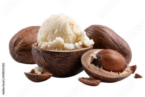 Shea butter in nut shell and whole nuts on black background, cut out