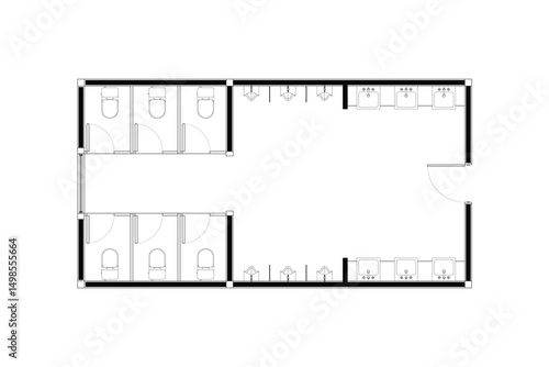 2 dimension floor plan design of public toilets, Vector  lines black isolated on white background. Set 1