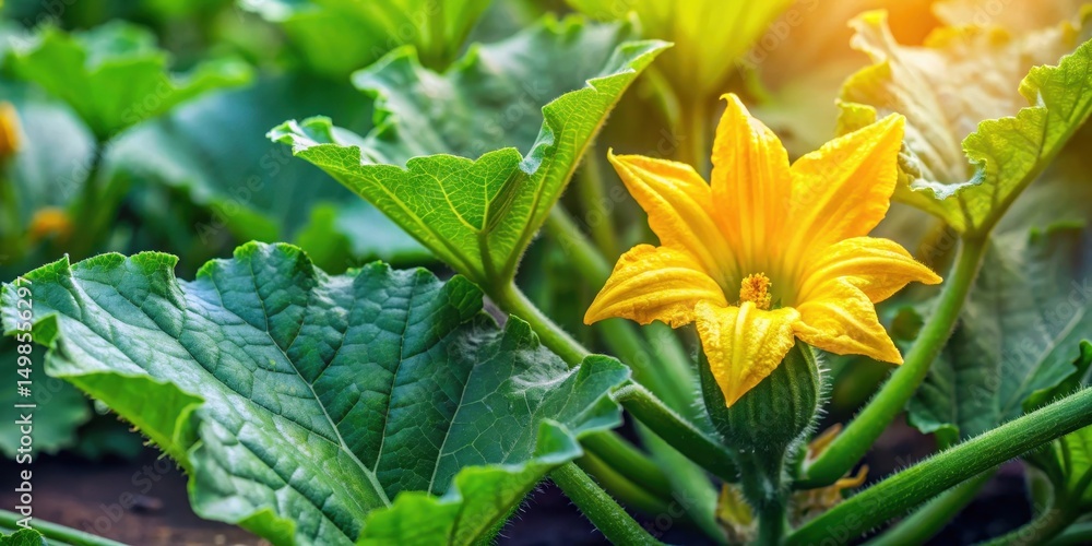 Bright yellow flower and lush green leaves of a zucchini plant growing amidst vibrant vegetable garden background, zucchini, gardening Bright yellow flower and lush green leaves of a zucchini plant growing amidst vibrant vegetable garden background, zucchini, gardening