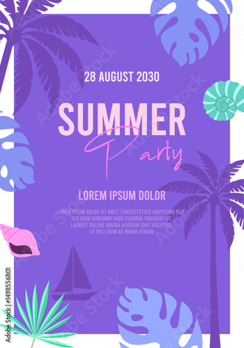 Dreamy Purple Summer Party Poster with Palm Trees and Shells