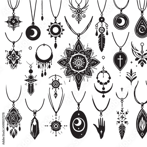 Black Color Pendant Necklace Silhouette Vector Illustration, Solid White Background. minimal vector design