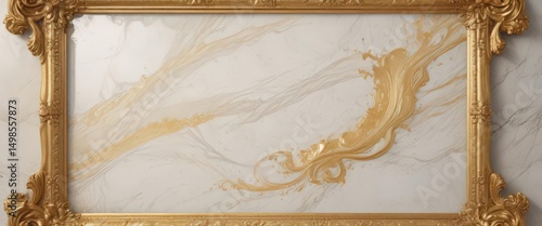 Golden frame with swirling patterns on polished marble ,  engraving,  detail,  reflection