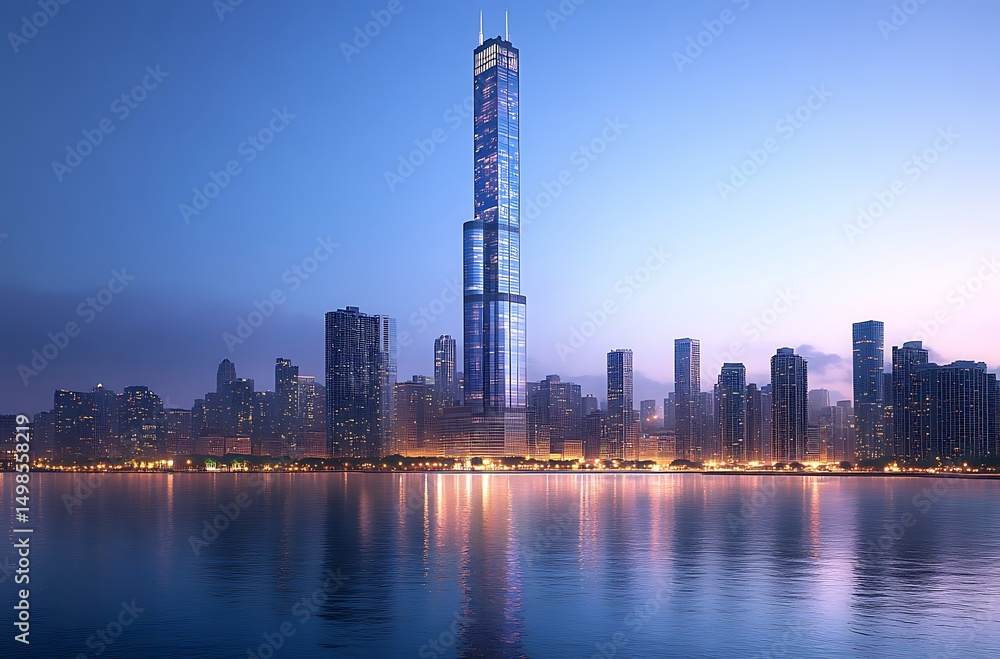 Obraz premium Chicago cityscape featuring modern skyscrapers reflecting beautiful night sky lights on water.