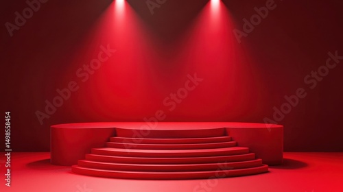 A stunning red themed stage with ambient lighting, perfect for performances or events. This minimalist setup creates an inviting yet dramatic atmosphere for any presentation or showcase.