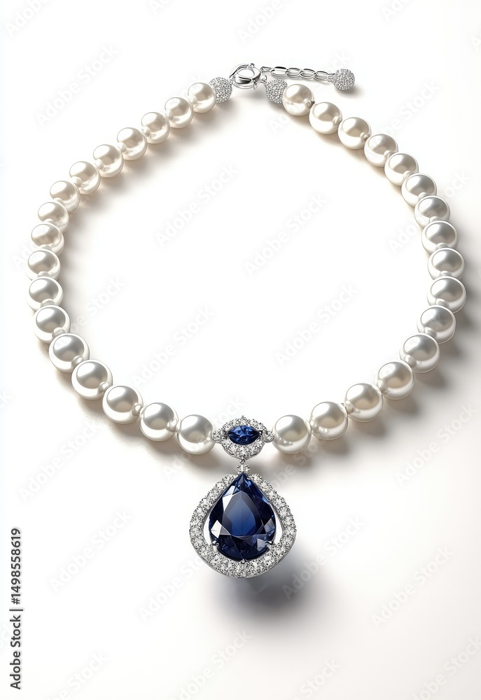 A 3D illustration of a pearl necklace with a stunning sapphire pendant, set against a white backdrop. Stock A 3D illustration of a pearl necklace with a stunning sapphire pendant, set against a white backdrop. Stock